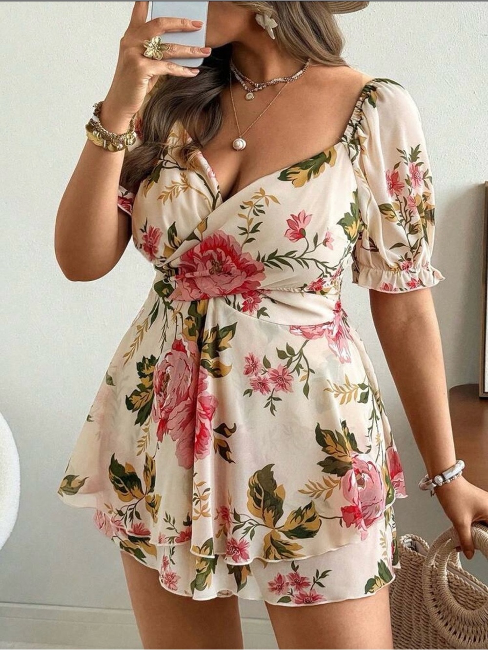 Romper - Floral Wrap with Pink & Green Print